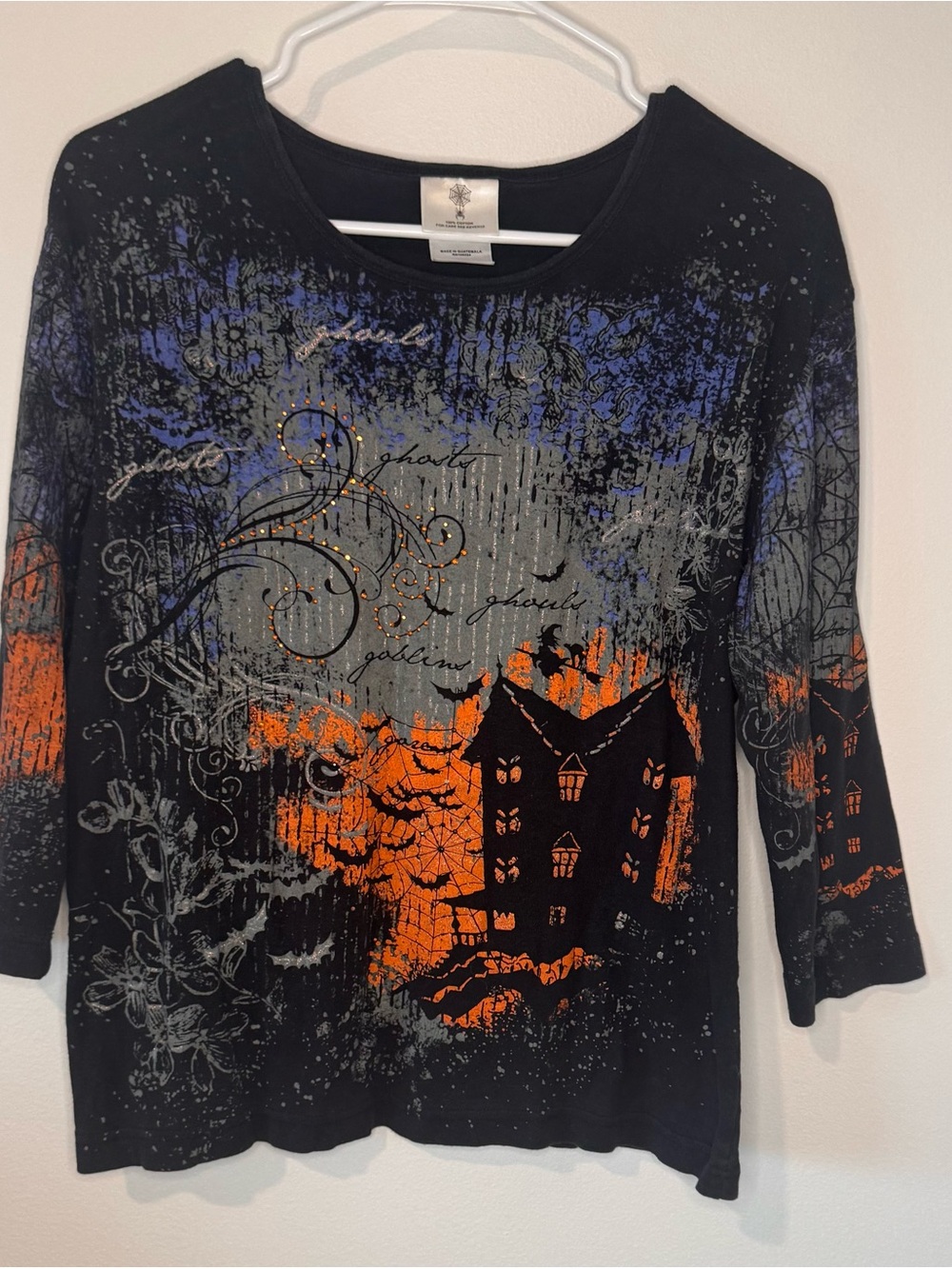 Y2K Halloween Haunted House Rhinestone Top Women’s L 3/4 Sleeve Goth